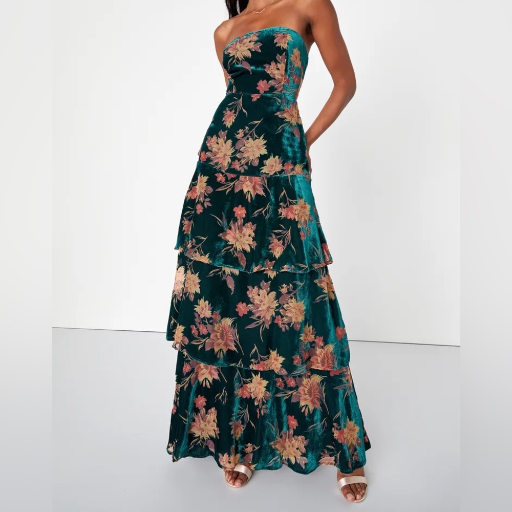 Real Allure Emerald Floral Burnout Velvet Strapless Maxi Dress